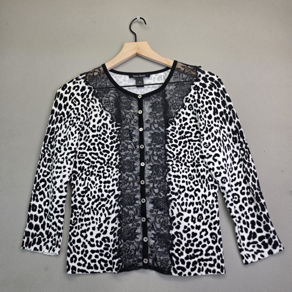White House Black Market Cardigan Womens S Black White Leopard Lace Button Front